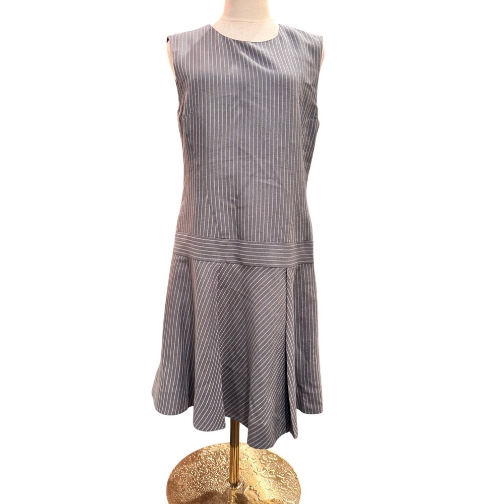 J.Crew Pinstripe Wool Linen pin stripe drop waist flounce hem dress 8 sleeveless